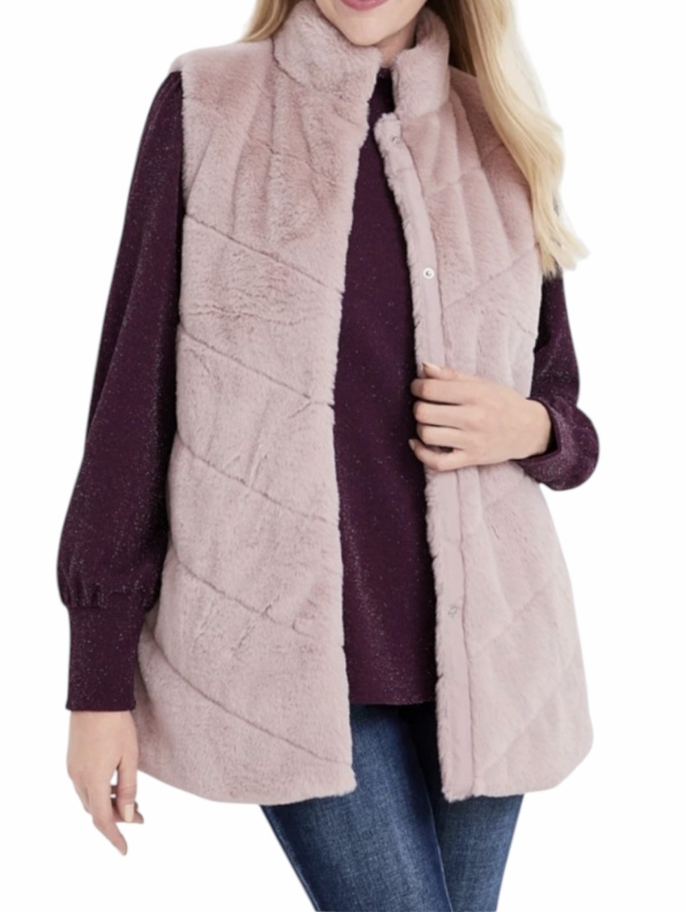 Maurices Plush Quilted Faux Fur Vest in Dusty Pink